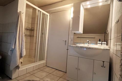 een badkamer met douche, wastafel en spiegel bij Casa Foresta in Maggia