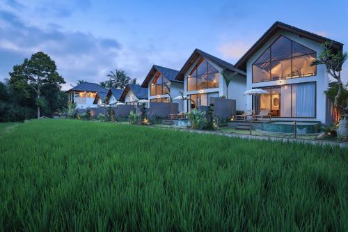 a row of houses in a field of grass at Ascarya Villa Ubud in Ubud