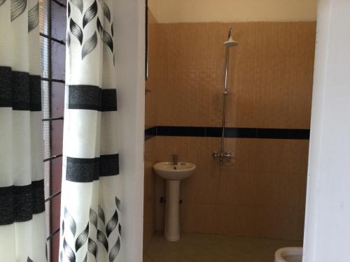 a bathroom with a shower with a toilet and a sink at LIMAS Camp Mikumi in Mikumi