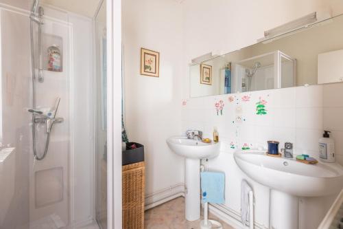 a bathroom with a sink and a shower at Le Jardin Pictural De Garance in Chédigny