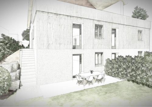 康斯坦茨seeglueck ROSENHOF - naturnah Wohnen im Holz100-Vollholzhaus mit Whirlpool und Garten的一幅房子的素描图，房子前面放着一张桌子。