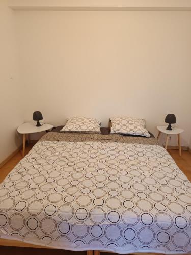 a bedroom with a large bed with two tables at Maisonnette proche de Strasbourg in Vendenheim