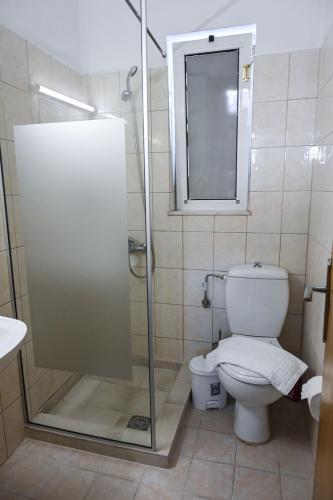 a bathroom with a shower and a toilet at Casa 30 House Complex Center of Ialysos in Ialysos