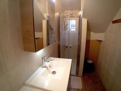 a bathroom with a sink and a mirror at La Vie en Rose et Azur in Cluses