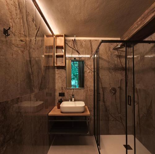 een badkamer met een wastafel en een douche bij Rèfol Lodge Val di Ledro in Pur