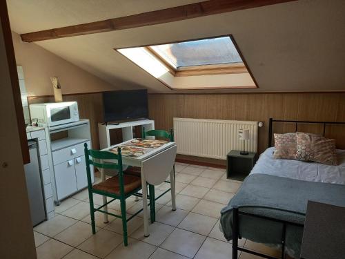 Cet appartement comprend une chambre avec un lit et une cuisine avec une lucarne. dans l'établissement Les appartements du Lion de Belfort, à Belfort