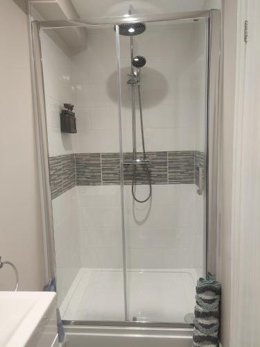a shower with a glass door in a bathroom at Tranquil Countryside Escape in Rural Kent- Pipistrelle View in Canterbury