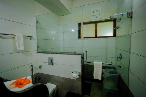 a bathroom with a toilet and a mirror at Anvitha Mansions in Attigundi