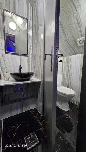 a bathroom with a sink and a toilet at Vár-i Apartman in Balatonmáriafürdő