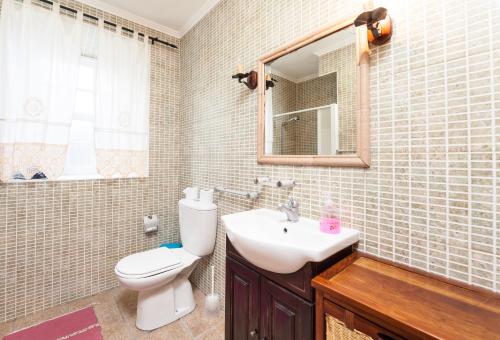 bagno con servizi igienici, lavandino e specchio di Adega Poça a Prainha de Baixo