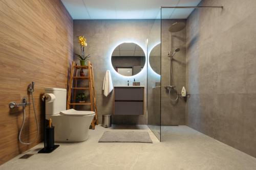 サモコフにあるRila Zen Apartmentのバスルーム(シャワー、トイレ、鏡付)