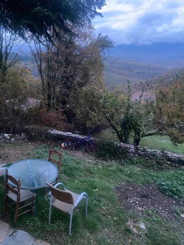einen Tisch und Stühle auf einem Feld in der Unterkunft Dryades in Elati Zagoria