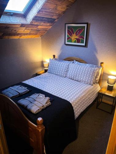 a bedroom with a bed with two lamps and a window at Glenariff Forest Hideaway in Glenariff