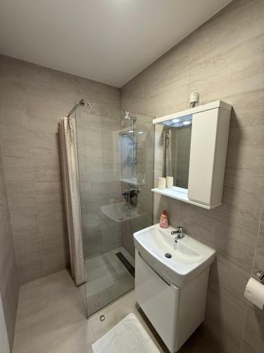 a bathroom with a sink and a shower and a toilet at Nela Bl in Banja Luka
