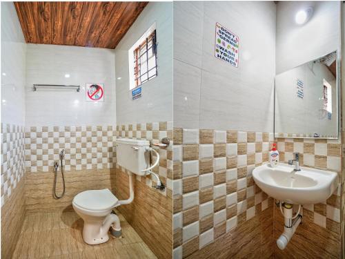 Duas fotografias de uma casa de banho com WC e lavatório. em Rofinos Cottages em Parra