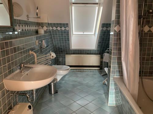 a bathroom with a sink and a toilet at Schwalbennest in Trebel