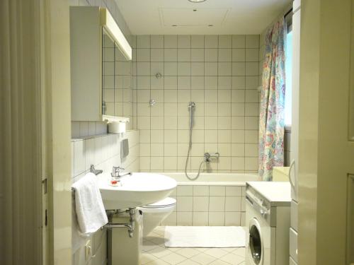 a bathroom with a sink and a toilet and a shower at Teichblick in Trebel