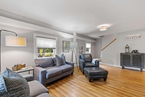 a living room with a couch and two chairs at Post & Beam - SHARED 4 Bedroom 1 Bath Home On Pond - Shared 4 Bedrooms Available in Bradford