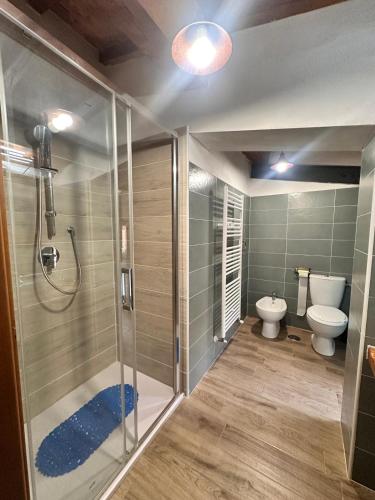 a bathroom with a shower and a toilet at iL CASALE DI ROCCO in Castel SantʼAngelo