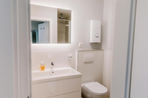 a white bathroom with a sink and a toilet at Ferienwohnungen Bergnest Winterberg in Winterberg