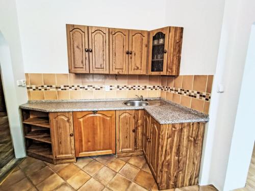a kitchen with wooden cabinets and a sink at Apartment Riedlovka 2 by Interhome in Polubný