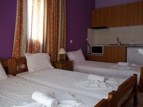 a hotel room with two beds and a kitchen at Epikoureios Apollon in Andritsaina
