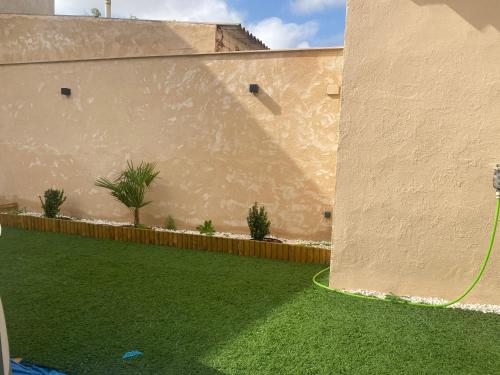 einem Garten mit einem Schlauch an der Wand in der Unterkunft DOMUS AGER - Casa rural en Mahora in Mahora