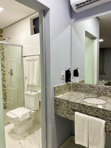 a bathroom with a sink and a toilet and a shower at Hotel Premier in Belo Horizonte