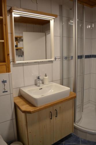 a bathroom with a sink and a shower at FamilienAppartement Waldstüberl in Kleinarl