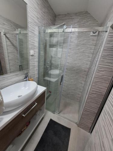 a bathroom with a glass shower and a sink at Kuća za odmor HORVAT 