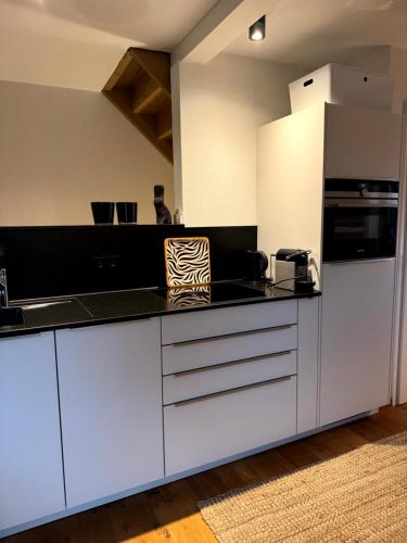 a kitchen with white cabinets and a black counter top at Modernes Häusle in Segnitz I Main & Wein in Segnitz