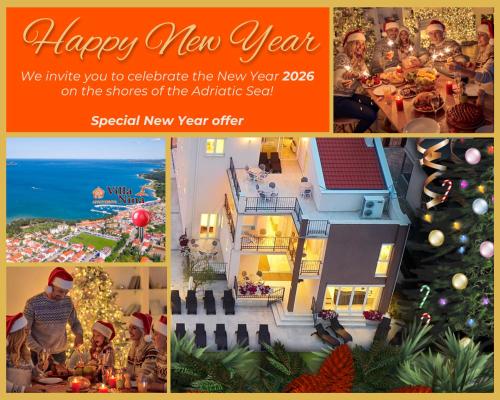 a collage of photos with a christmas tree and people at Apartments Villa Nina in Fažana