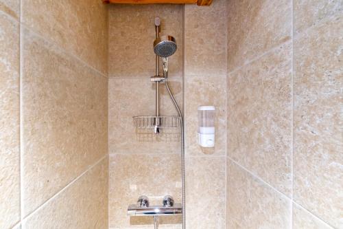 een douche met een douchekop in een badkamer bij goitik ikusita in Aïnhoa