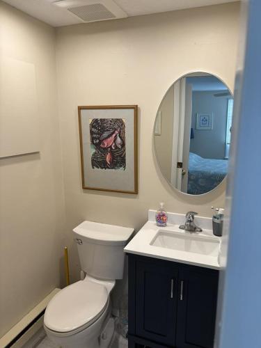 a bathroom with a toilet and a sink and a mirror at Holgate Ocean Front Duplex 2Nd Fl 14018 in Holgate
