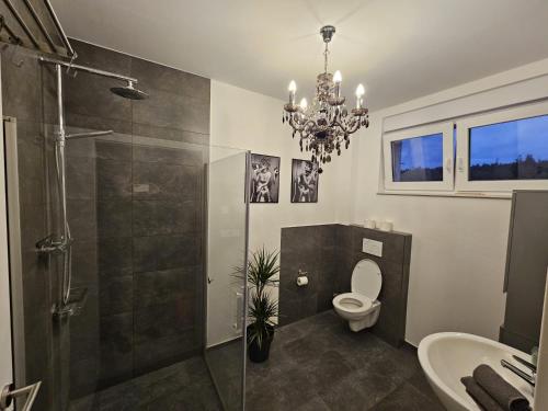 a bathroom with a shower toilet and a chandelier at Altenbeken-Ferienwohnung 2 in Altenbeken