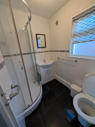 a bathroom with a shower and a toilet and a sink at 145, Two bed newly refurbished chalet on Sund0wner Holiday Park - Sleeps 5, pet friendly - Includes bed linen and towels plus electricity in Great Yarmouth