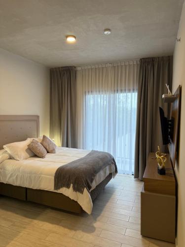 een slaapkamer met een bed en een groot raam bij Tannat Soho in Asuncion