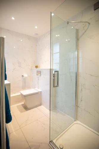 a bathroom with a glass shower and a toilet at The Dower House at Solsgirth Home Farm in Dollar