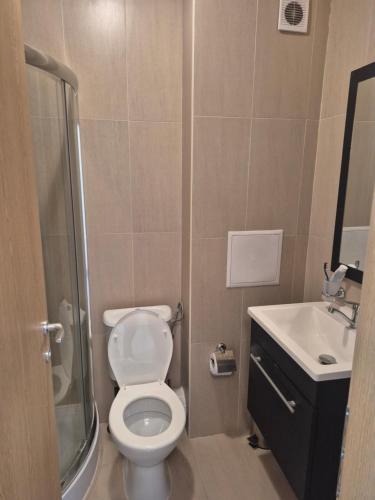 ein Badezimmer mit Toilette, Dusche und Waschbecken in der Unterkunft New Light house golf apartment in Baltschik