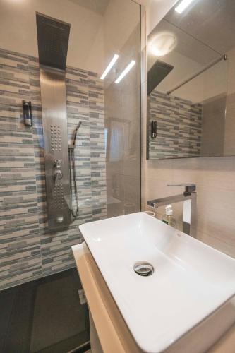 een badkamer met een witte wastafel en een douche bij Il Nido dei Cigni in Desenzano del Garda