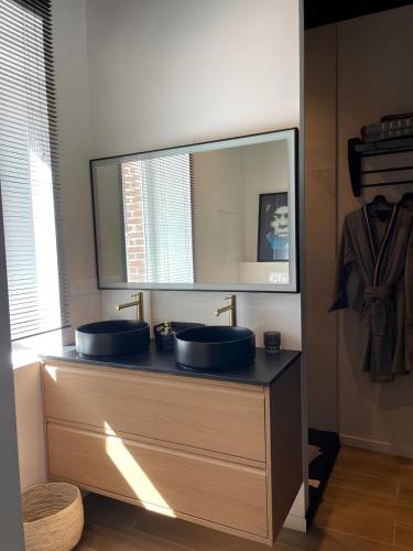 a bathroom with two sinks and a large mirror at La Chênaie - Suites individuelles dans un domaine d'art contemporain et nature in Gien