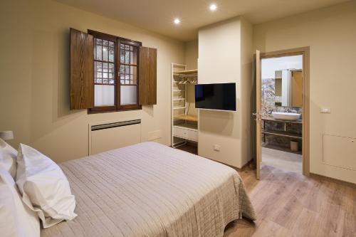 a bedroom with a bed and a tv and a bathroom at Antico N19 in Passirano