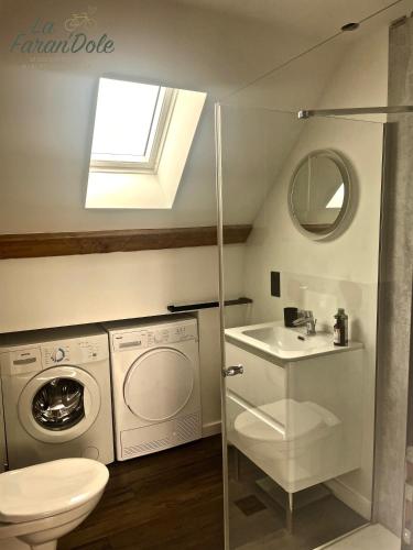 a bathroom with a washing machine and a sink at La Faran'dole - Confortable duplex in Dole