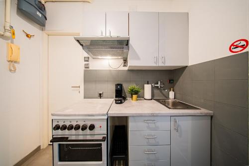 Una pequeña cocina con gabinetes blancos y un fregadero. en Flex SelfCheckIns 192 - Zagreb - Studio Apartment - New, en Zagreb