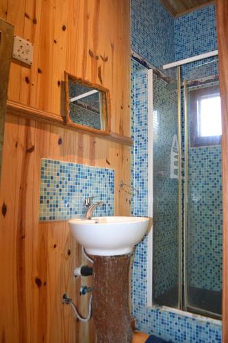 a bathroom with a sink and a glass shower at Onda Azul Main House in Ponta do Ouro