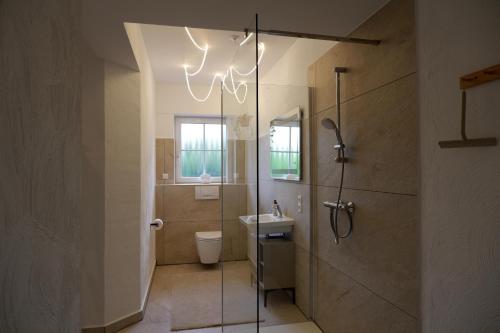 une salle de bain avec une douche, des toilettes et un lavabo dans l'établissement Aparthotel Casa Vasco - by Willms & Schömer eG, à Euskirchen