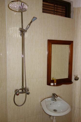 a bathroom with a sink and a shower and a mirror at Impala Suites in Jinja