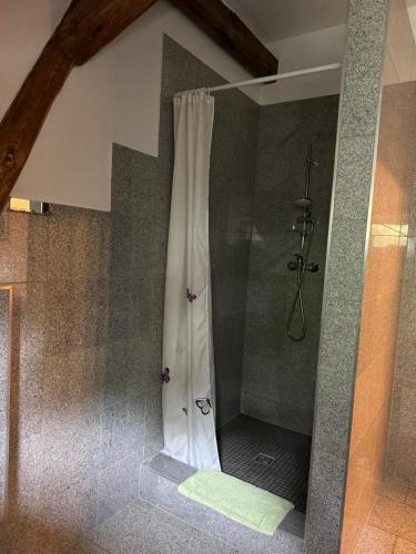 a shower with a white shower curtain in a bathroom at Dom przy Rezerwacie in Trzciel