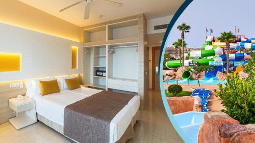 a room with a bed and a water slide at Globales Almirante Farragut in Cala en Blanes