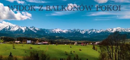 a green field with snow covered mountains in the background at Muzyczny Dworek in Rzepiska